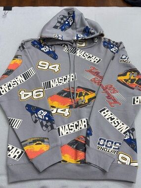 Men’s Nascar Gray Hoodie with Multicolor Racing Graphics Size Medium
